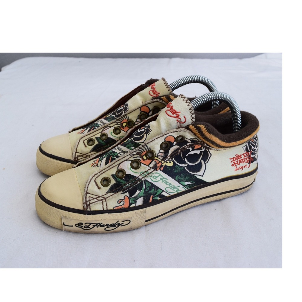 Ed Hardy Sneaker 7 Cream Tattoo Print Rose Slip On Mens Y2K Low Top Y2K